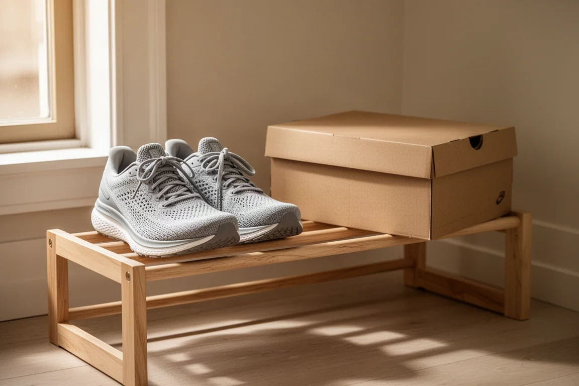 Scarpe da running ammortizzate su una portascarpe accanto a un box di reso