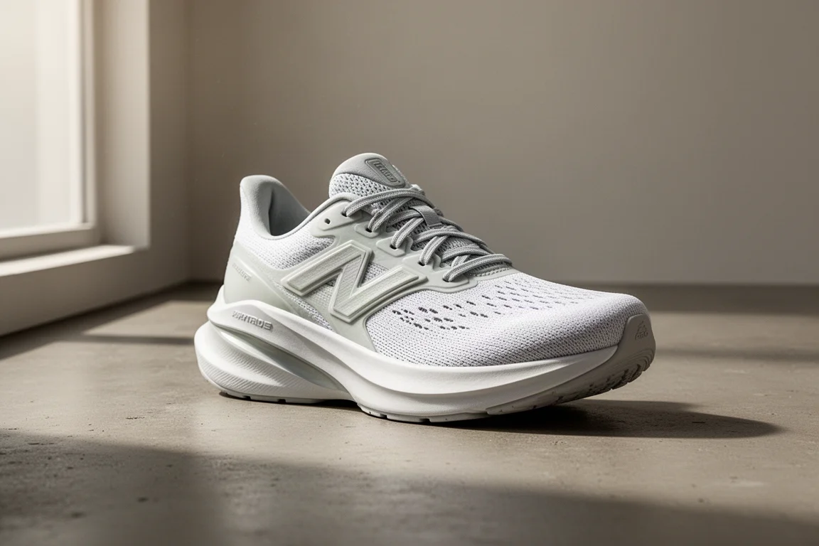 White high-cushion running shoe at a three-quarter angle on a concrete surface
