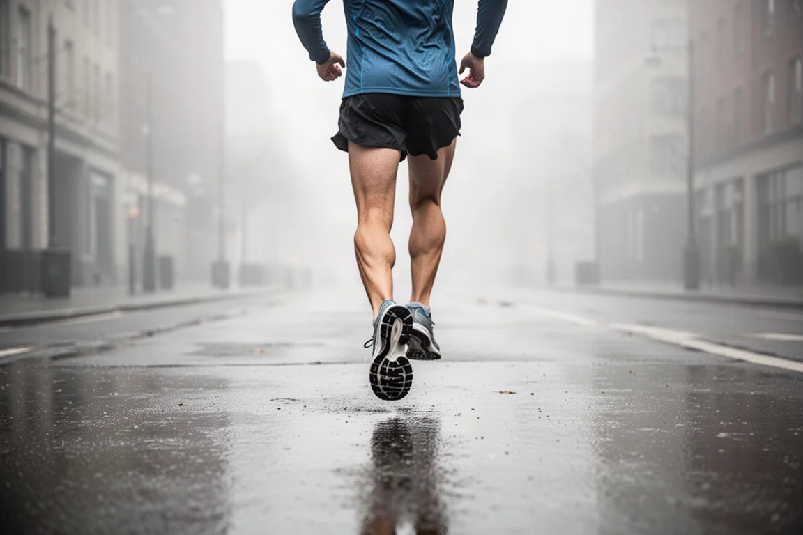 朝の濡れた街の路面でイージーなロングランを始めるランナー