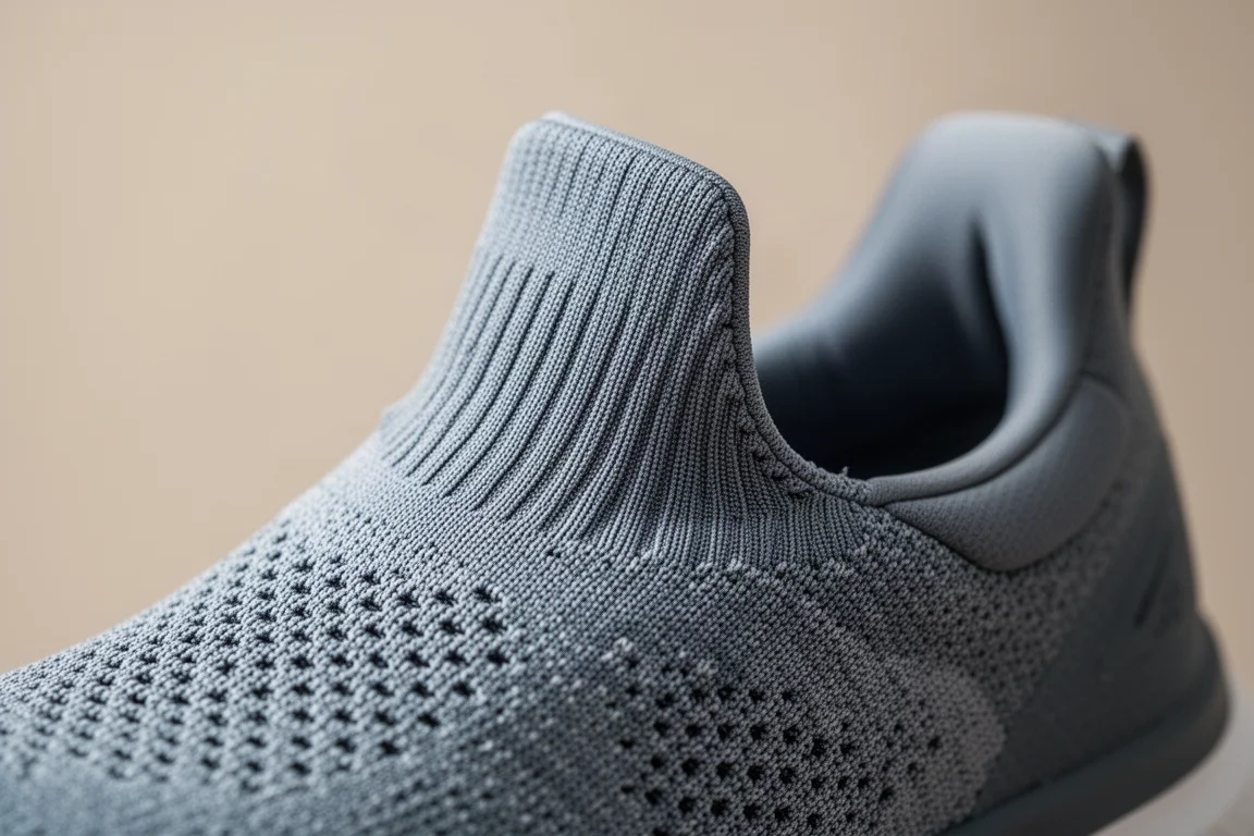 Close-up of the stretch knit upper and padded collar of a cushioned running shoe