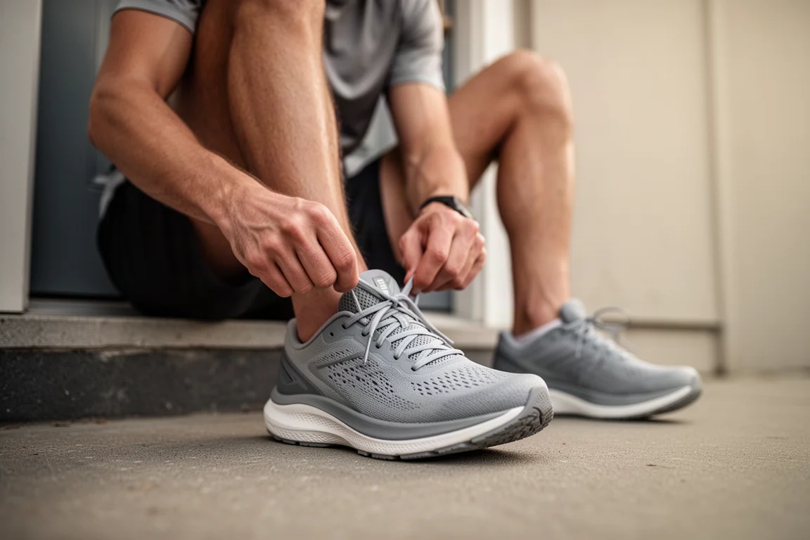 Runner lacing up a running shoe on a doorstep before heading out