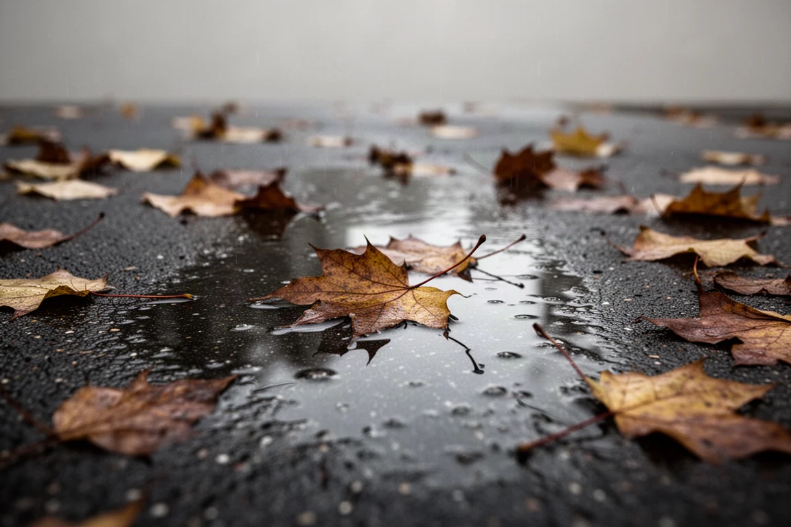 Wet greasy pavement with fallen autumn leaves on a road running route