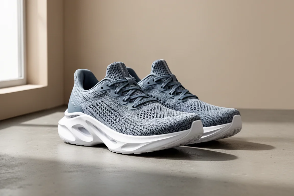 Pair of grey-blue cushioned running shoes with thick white midsole on a concrete surface