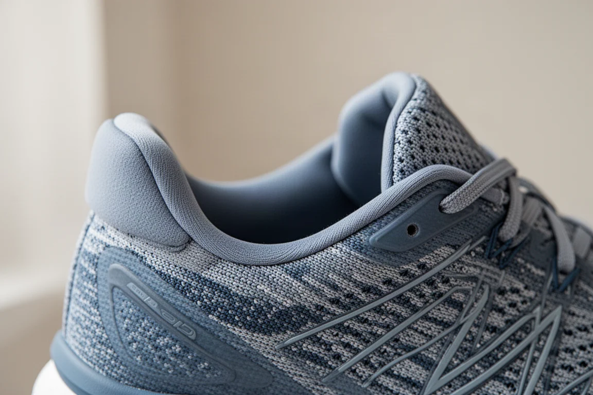 Close-up of a thick cushioned midsole on a running shoe resting on a bench