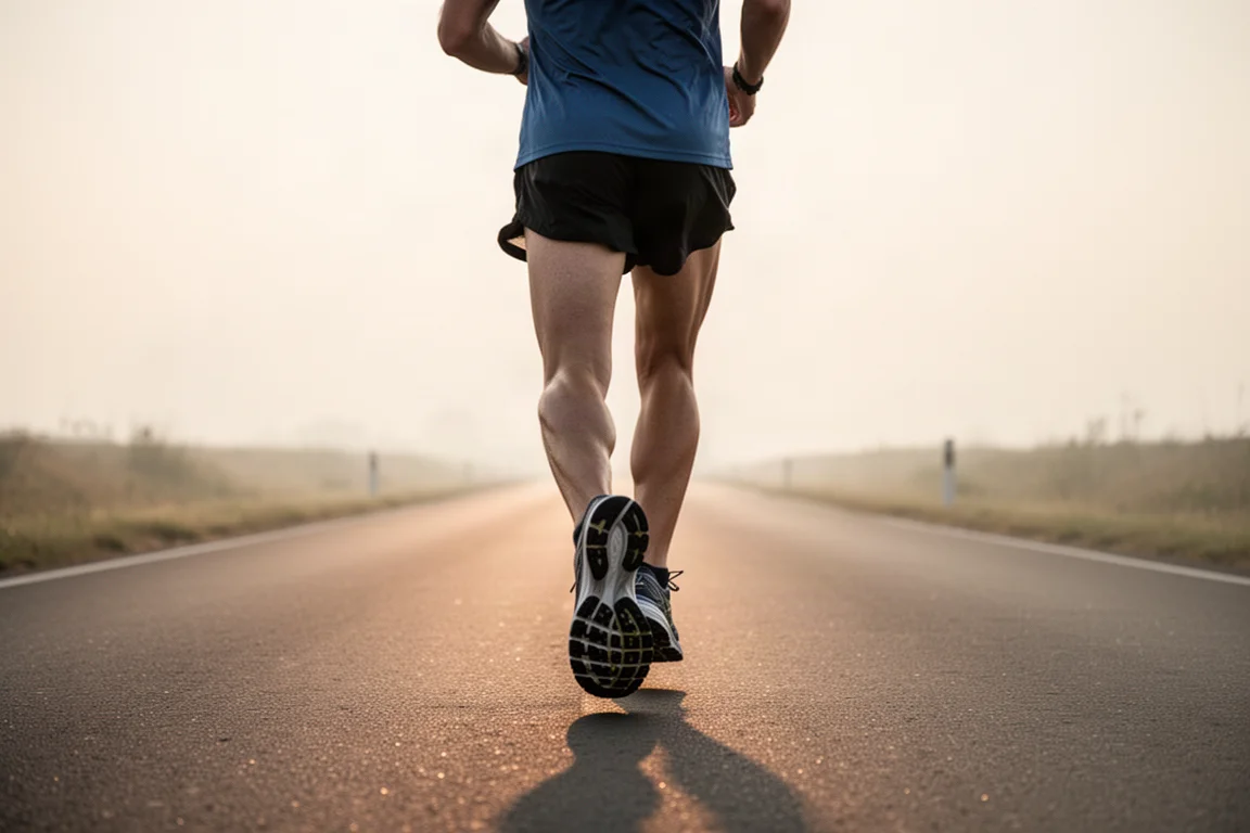 Runner settling into an easy pace on a quiet paved path at sunrise
