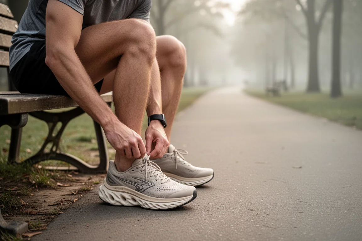 Corredor atándose las cordones de una zapatilla de running acolchada en un camino de asfalto tranquilo