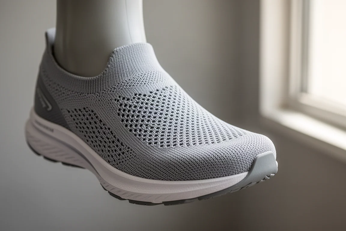 Primer plano del empeine de una zapatilla de running mostrando la zona amplia del antepié