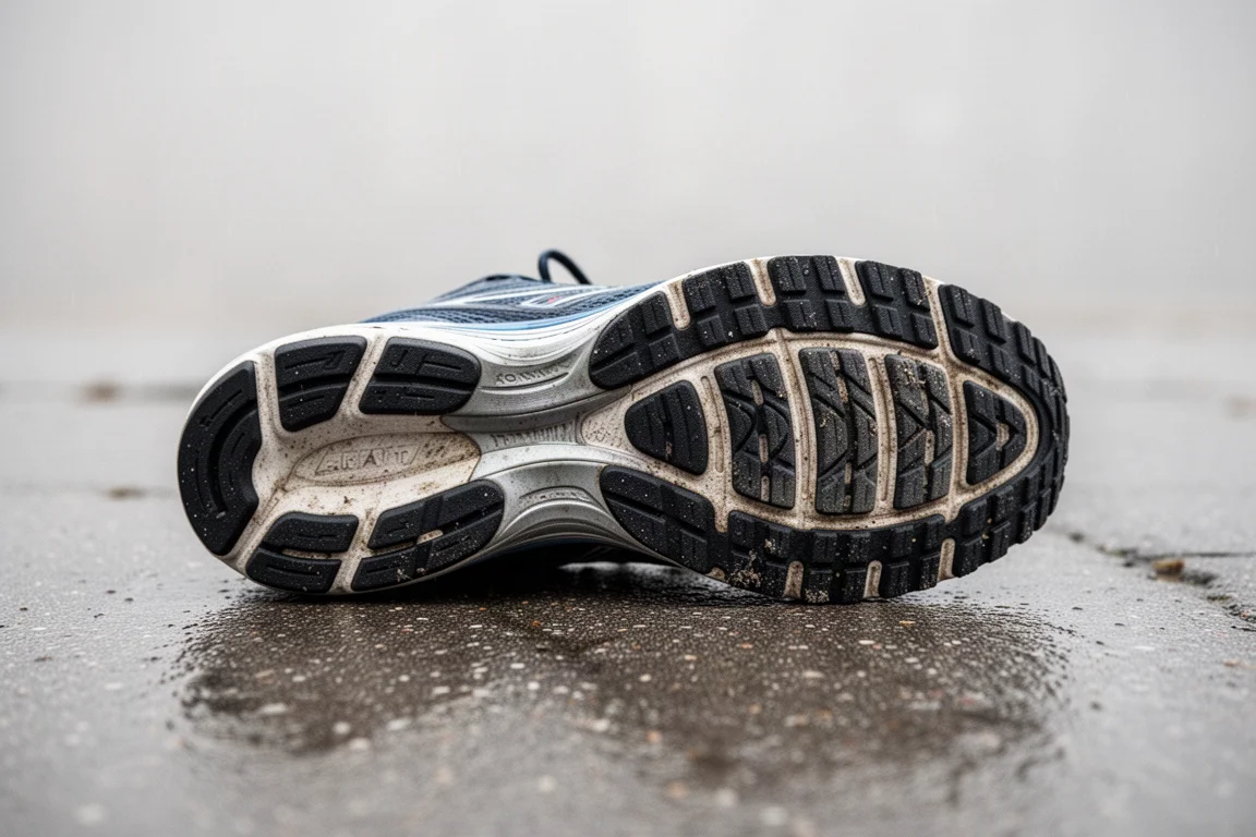 Suela de una zapatilla de running apoyada sobre asfalto húmedo mostrando el patrón de tracción