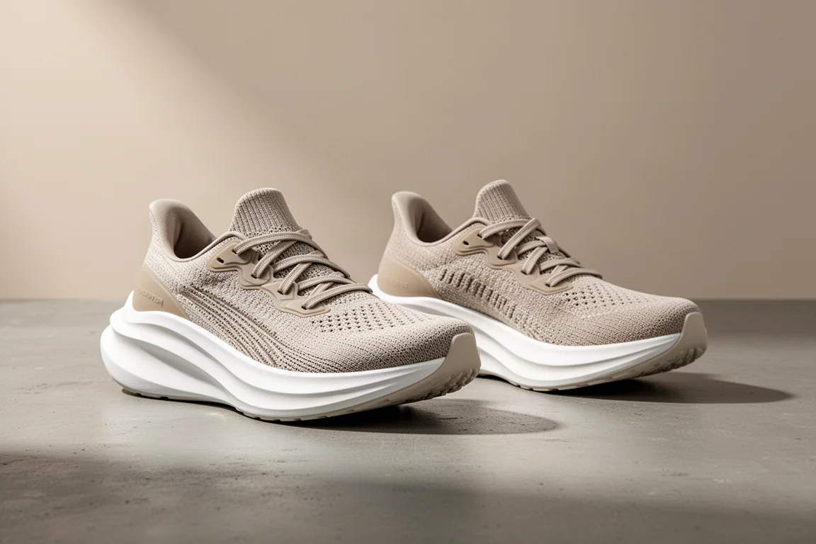 Two pairs of maximal-cushion running shoes side by side on concrete