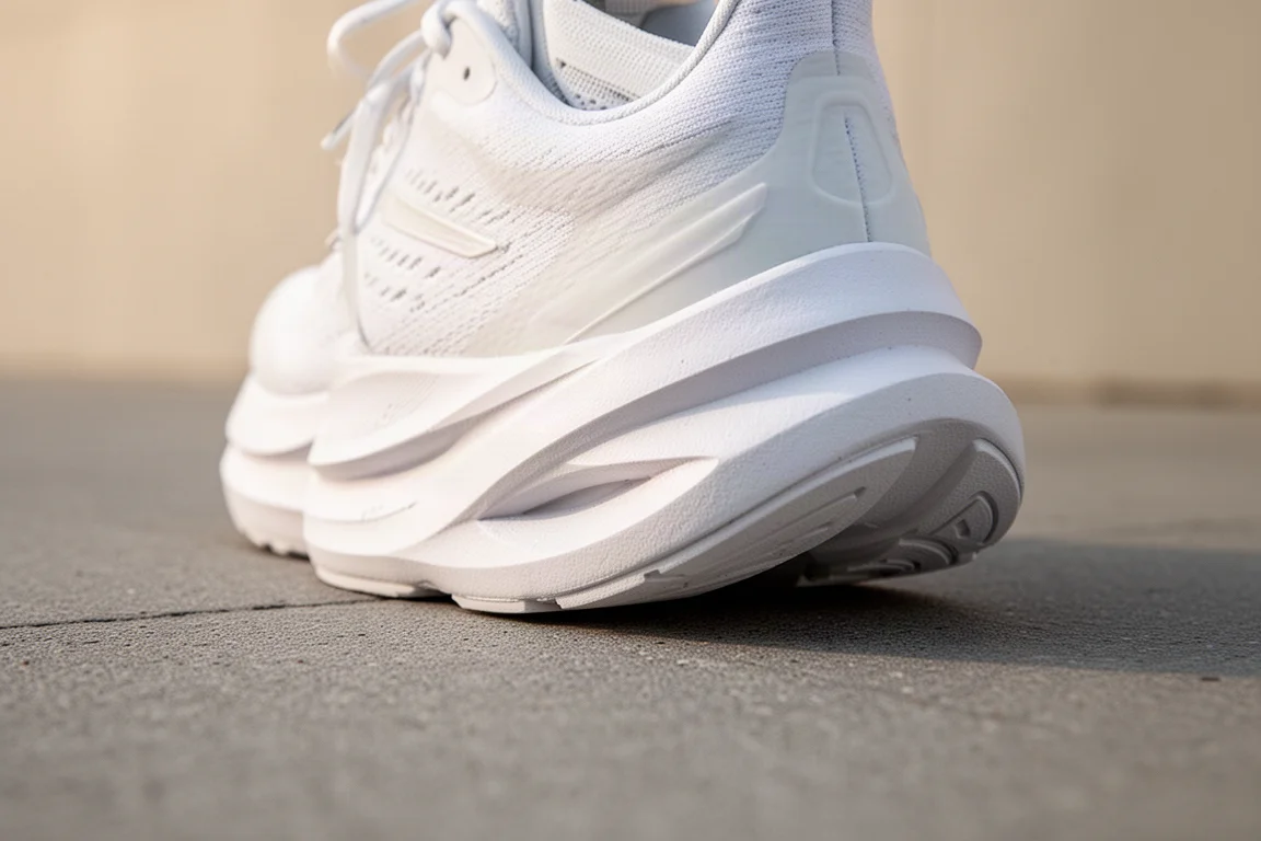 Close-up van een dikke cushioning-tussenzool van een hardloopschoen op asfalt