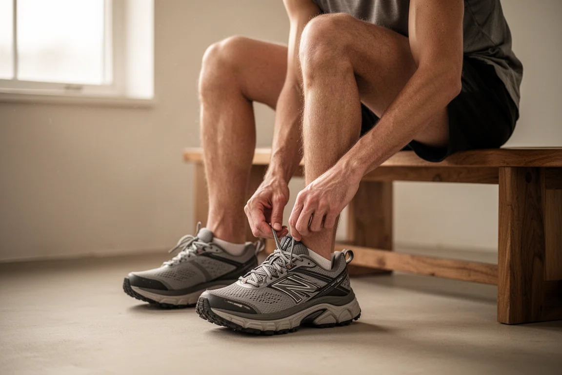 Un runner allaccia un paio di scarpe da running max cushion prima di una corsa fac