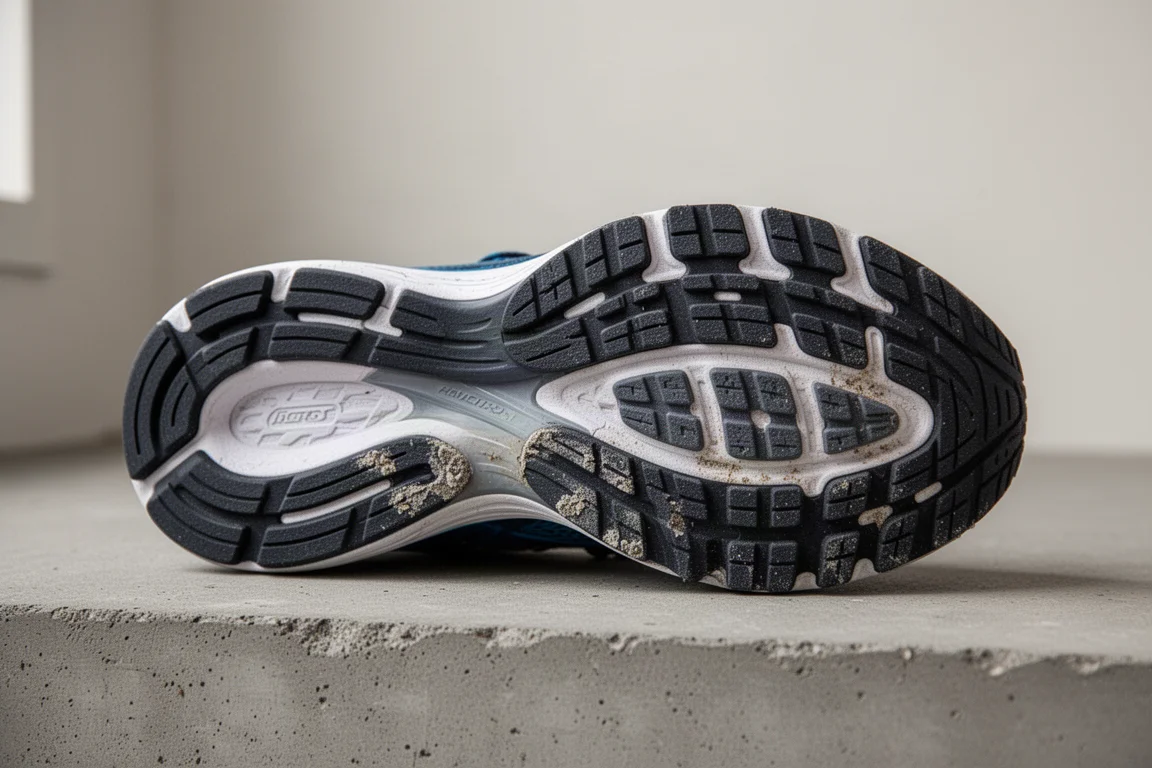 Gomma della suola esterna di una scarpa usata con segni di usura dopo molti chilometri
