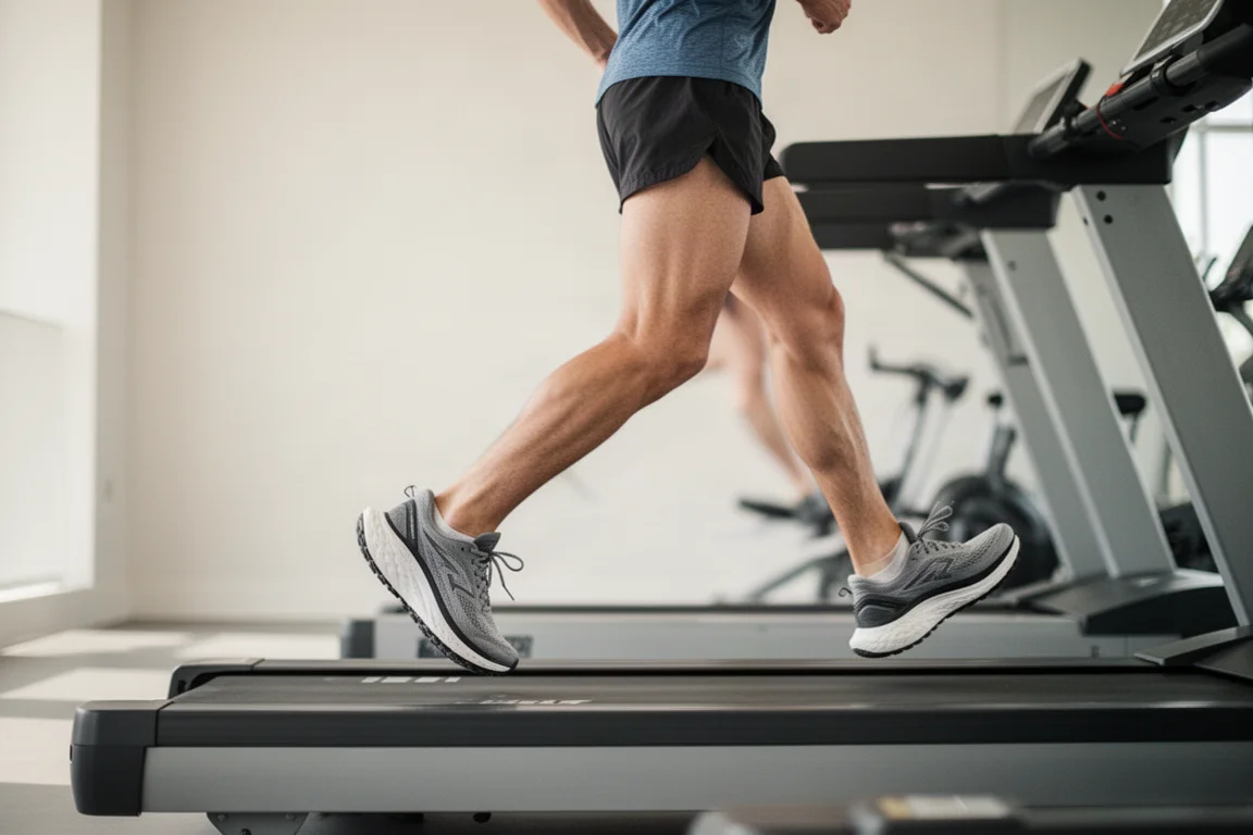 Un runner corre su un tapis roulant in una palestra al chiuso