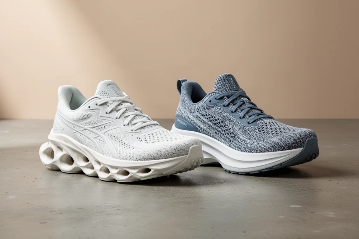 On Cloudmonster and ASICS GEL Nimbus 25 running shoes side by side on concrete