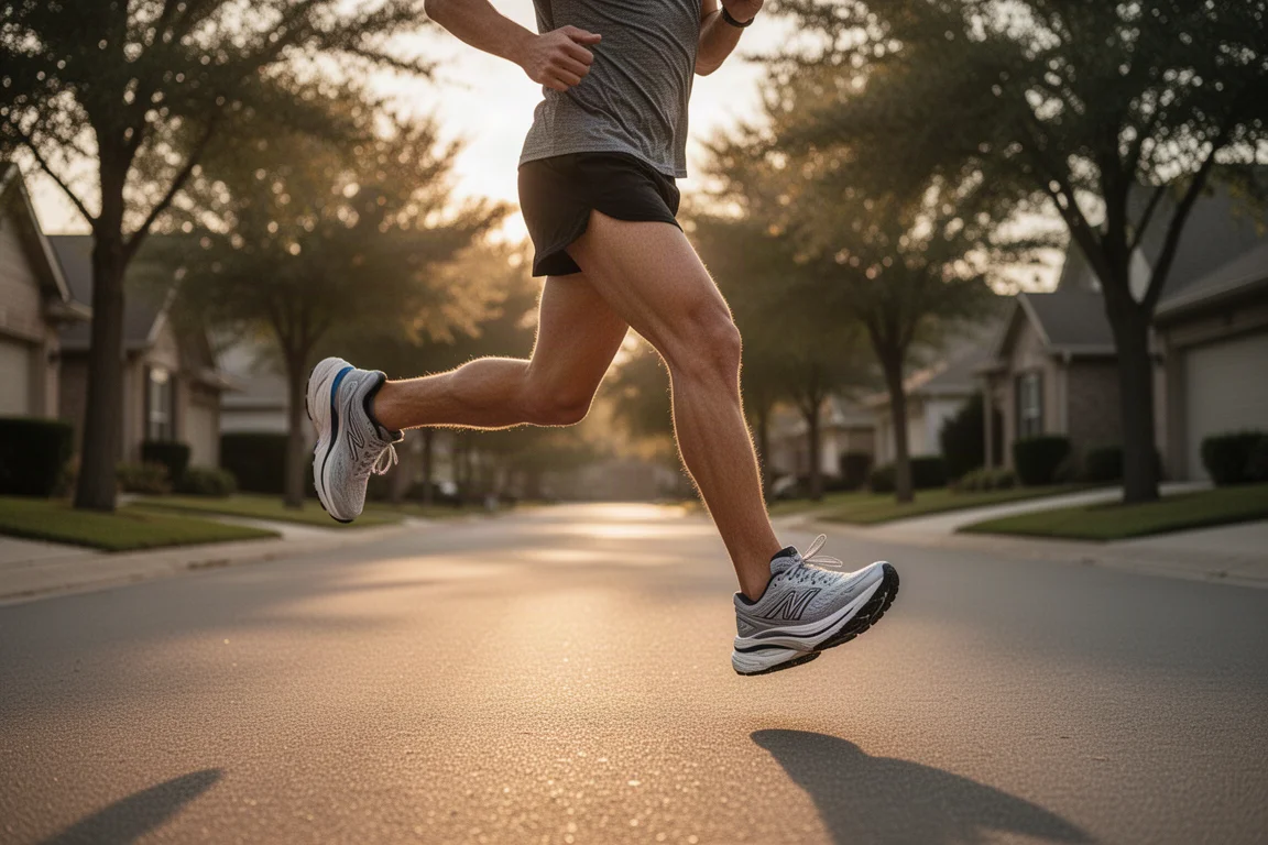 Un corridore allaccia le stringhe di una scarpa da running con spessa ammortizzazione prima di una corsa facili del mattino