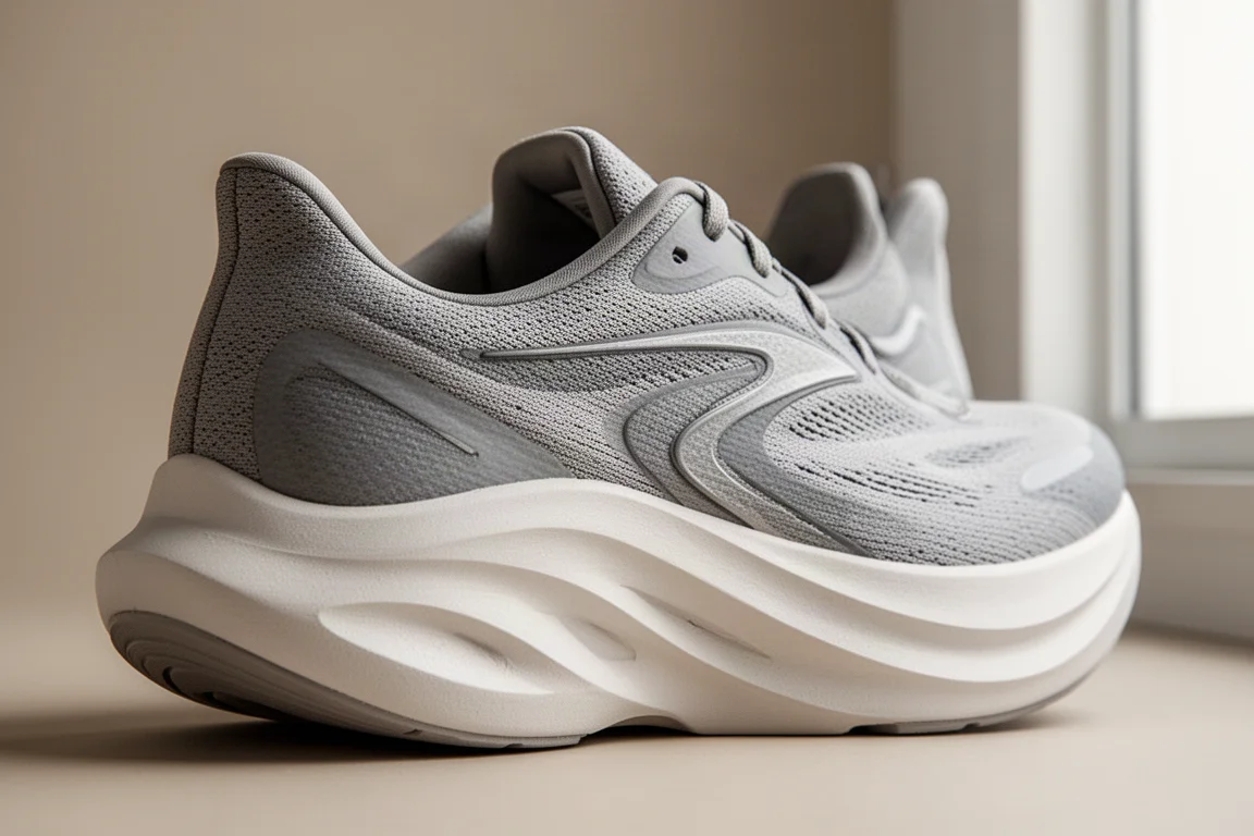 Dettaglio della intersuola ammortizzata di una scarpa da running con geometria della schiuma e profilo a rocker