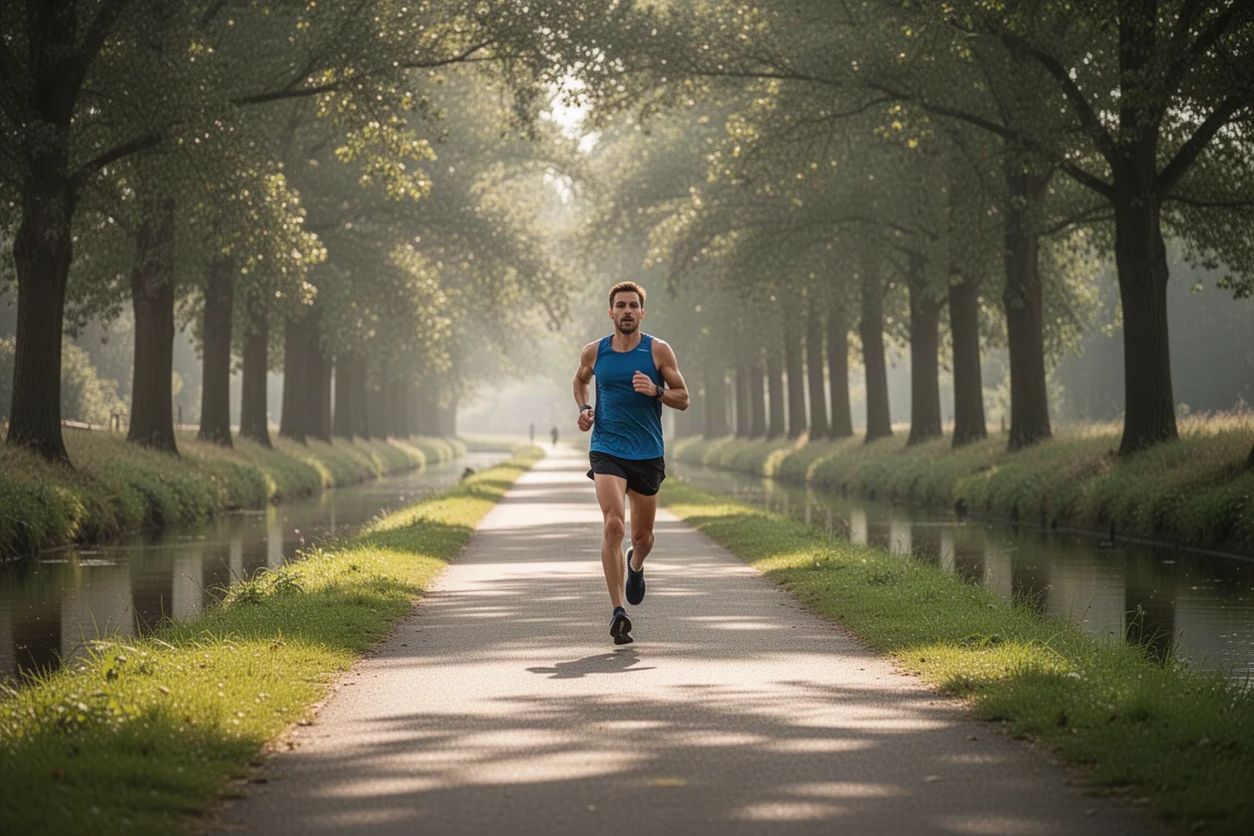 Un corridore durante un lungo allenamento lungo un sentiero alberato