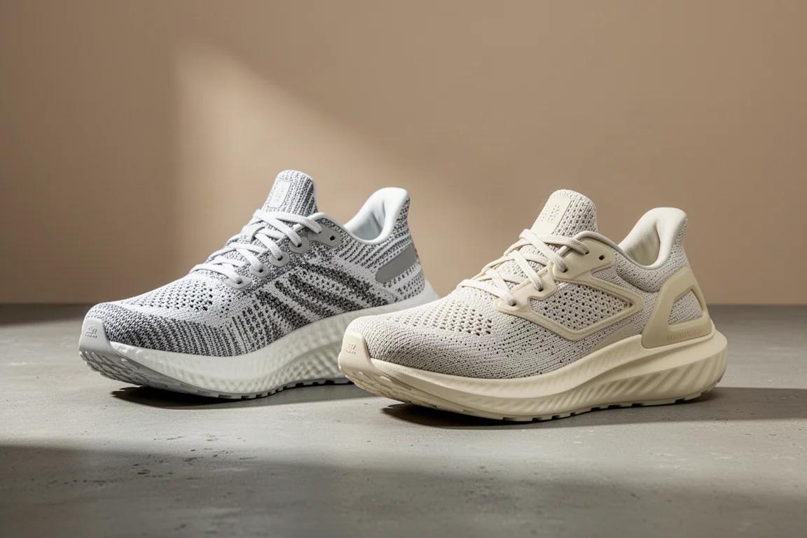 Two max cushioned running shoes side by side on a concrete studio floor