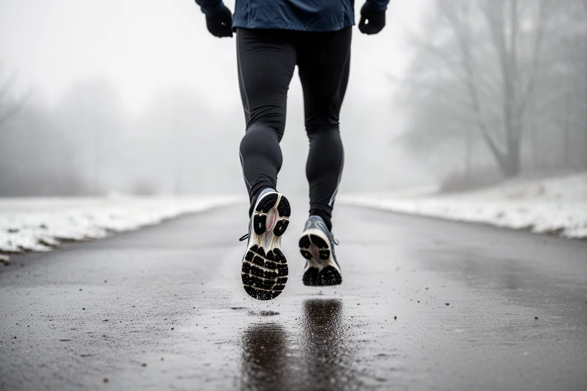 Hardloper op een rustig, nat wegdek op een winterochtend, in gedempte hardloopschoenen