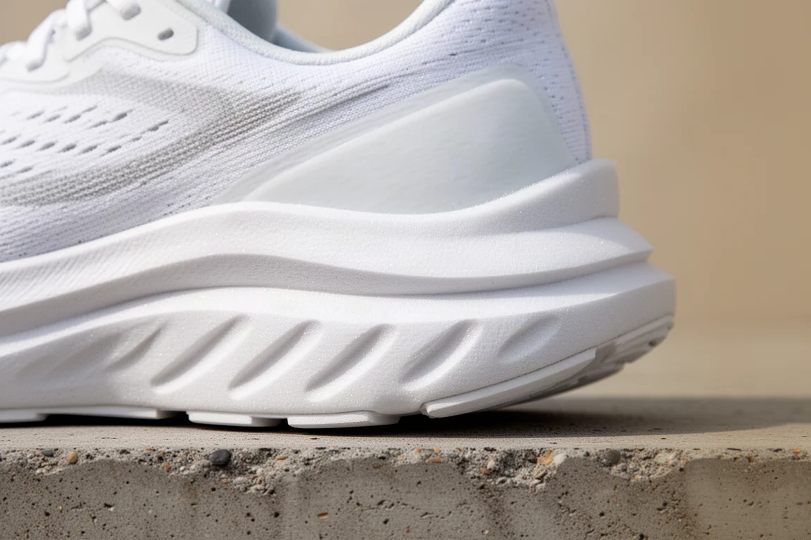 Close-up van de tussenzool van een gedempte hardloopschoen met een dikke, zachte foam-stack
