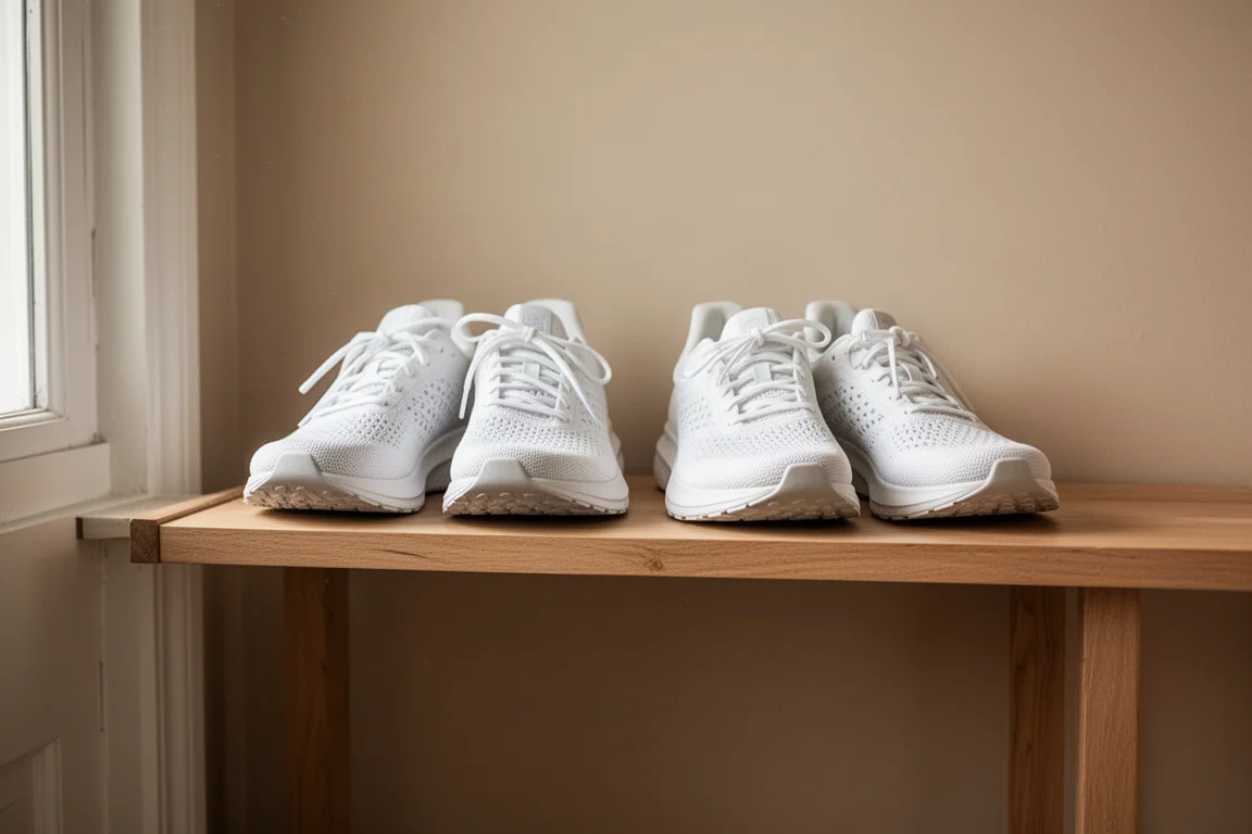 Paar hardloopschoenen naast elkaar op een schoenenrek in een thuisomgeving