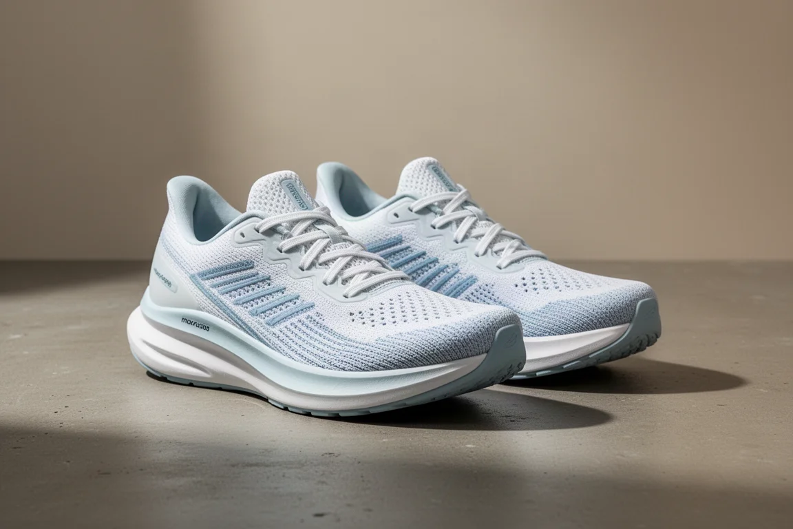 Pair of white max-cushion running shoes on a concrete surface