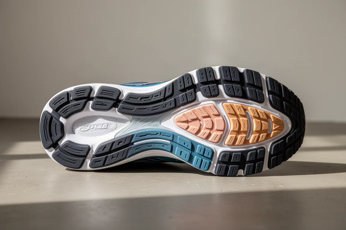 Primo piano della suola intermedia in schiuma bianca spessa di una scarpa da running su asfalto bagnato