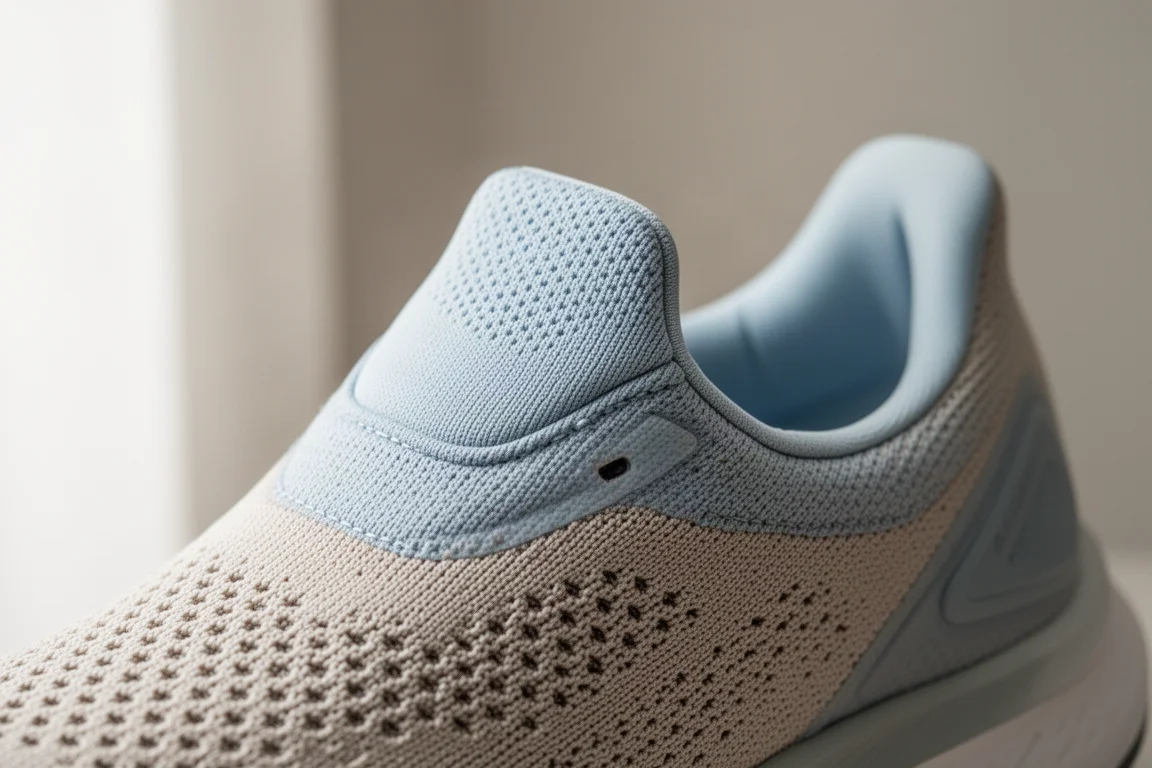 I piedi di un corridore con scarpe ammortizzate che corre lungo una strada residenziale