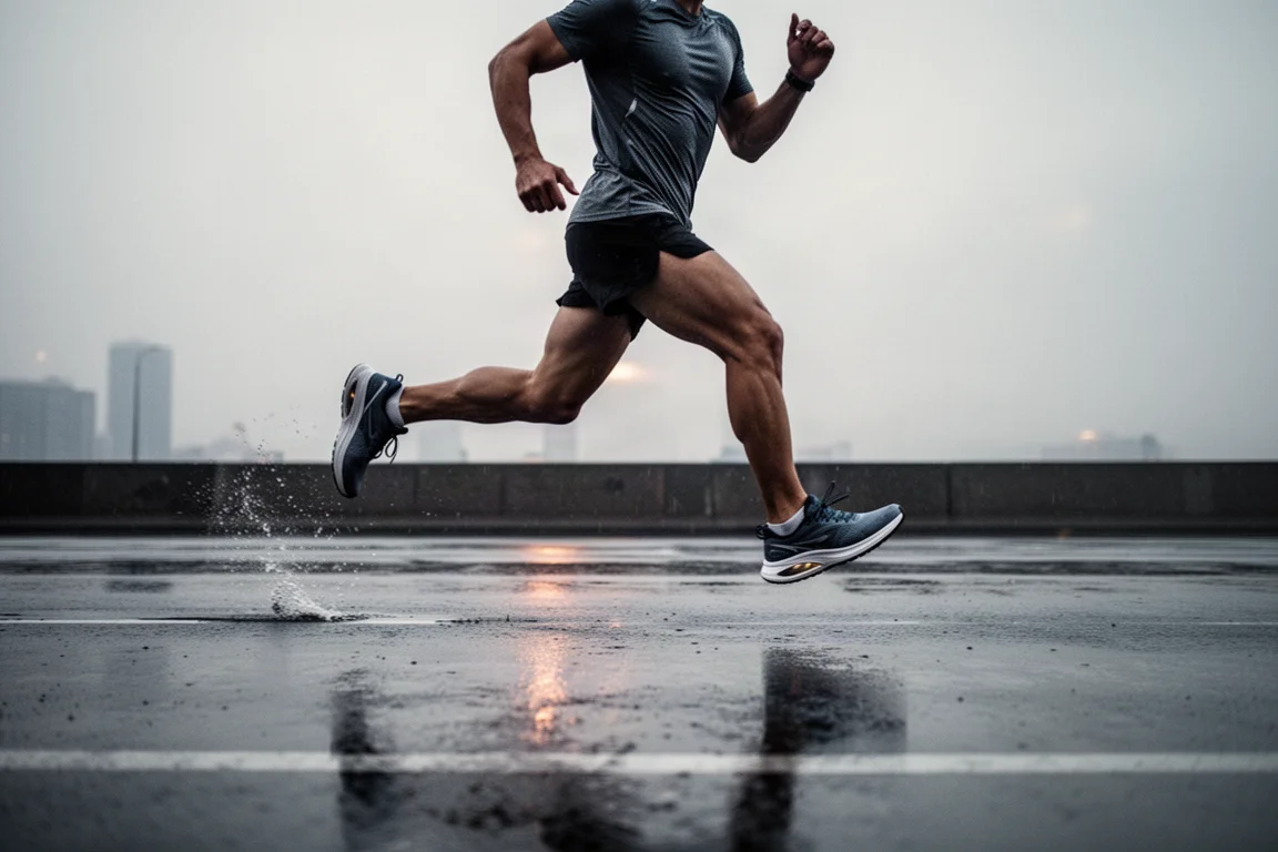 Quattro scarpe da running allineate su una superficie neutra in studio per un confronto