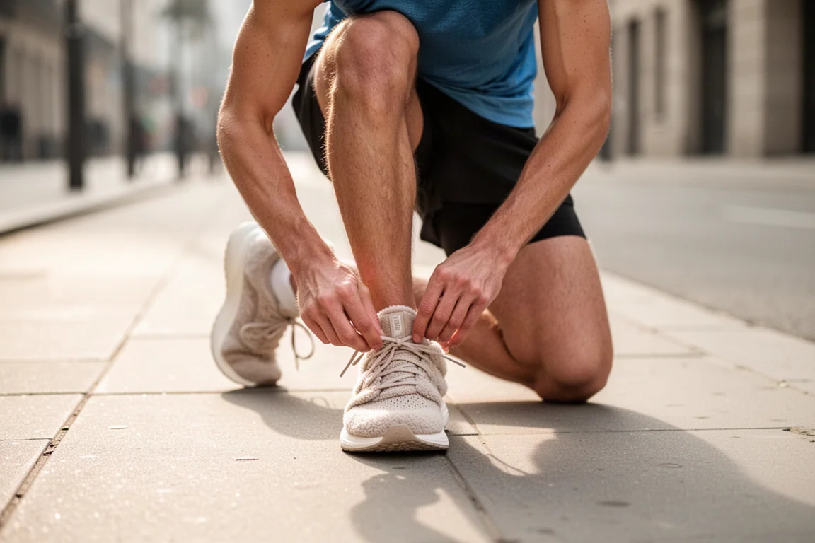 Runner lacing up a plush neutral daily trainer on a quiet sidewalk