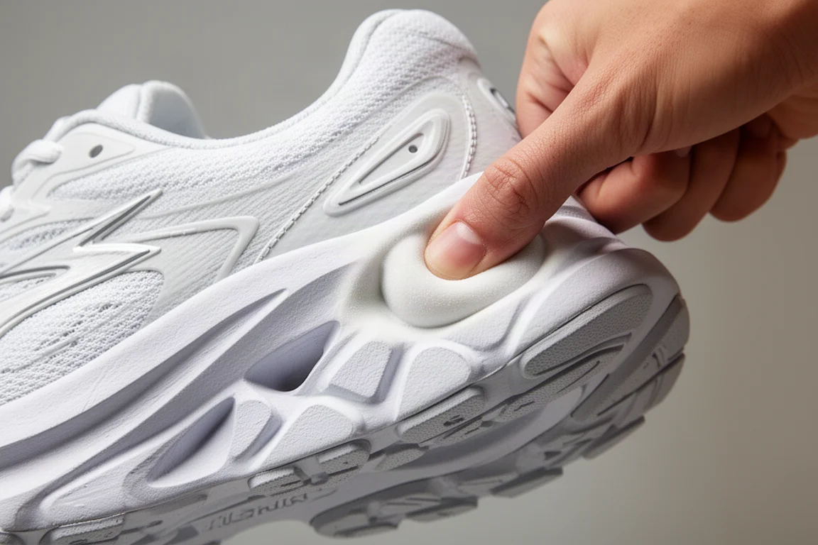 Close-up of a thick white running shoe midsole compressing under load