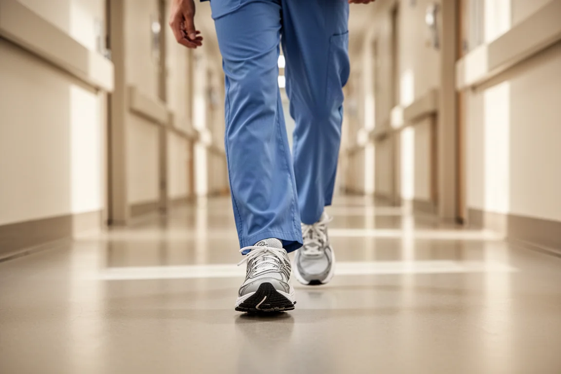 Runner walking long hospital corridors in comfortable running shoes