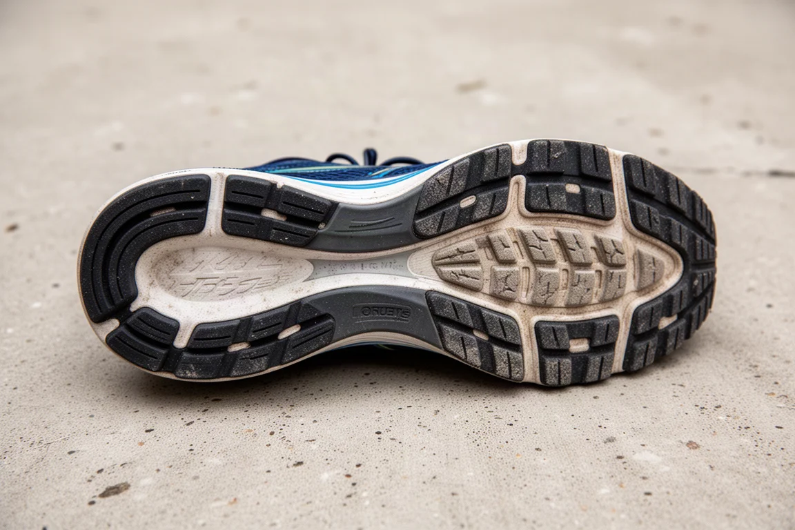 Outsole of a running shoe showing minimal wear after many miles