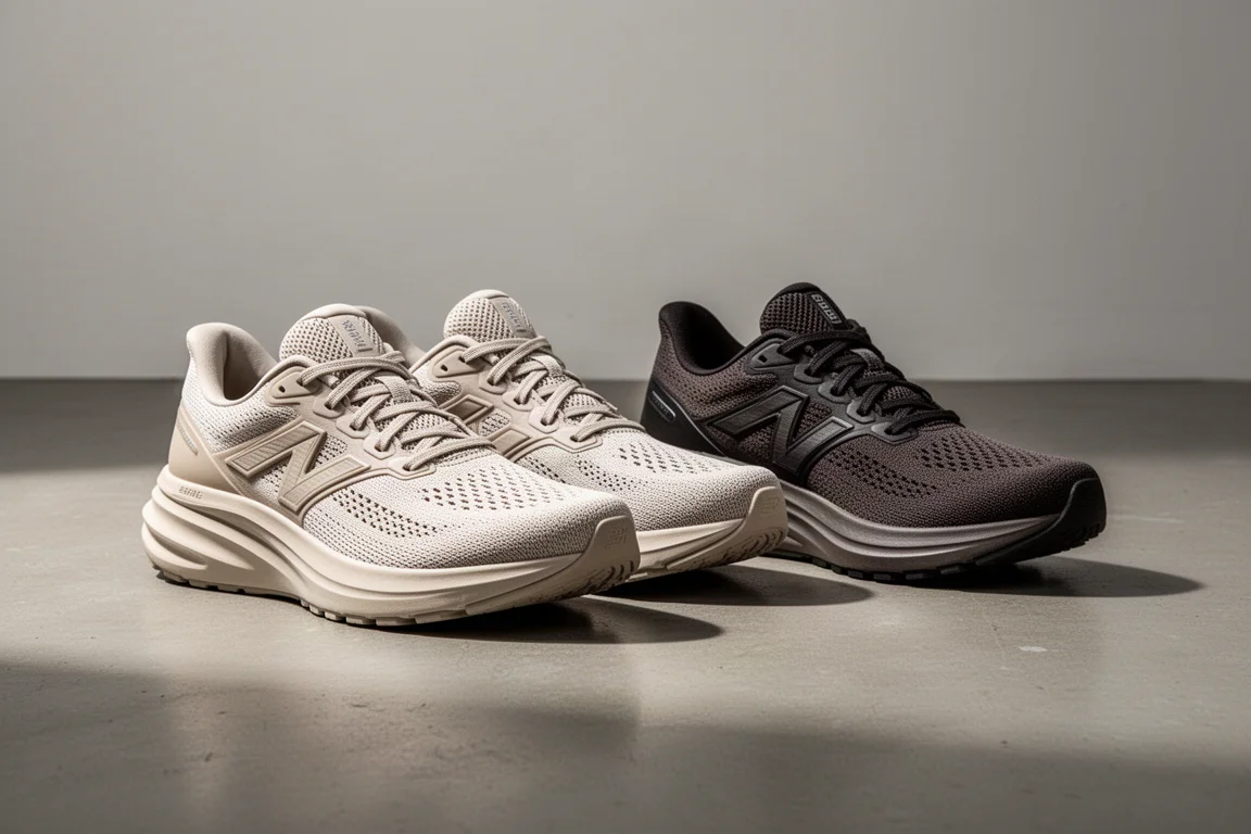 Dwie pary amortyzowanych butów biegowych w stylu ASICS obok siebie na betonie