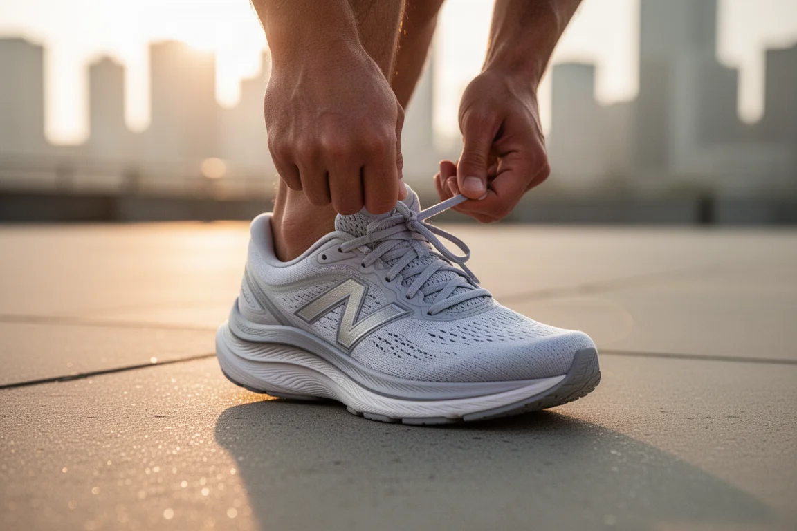 Coureur nouant les lacets d'une chaussure de running amortie sur un trottoir urbain