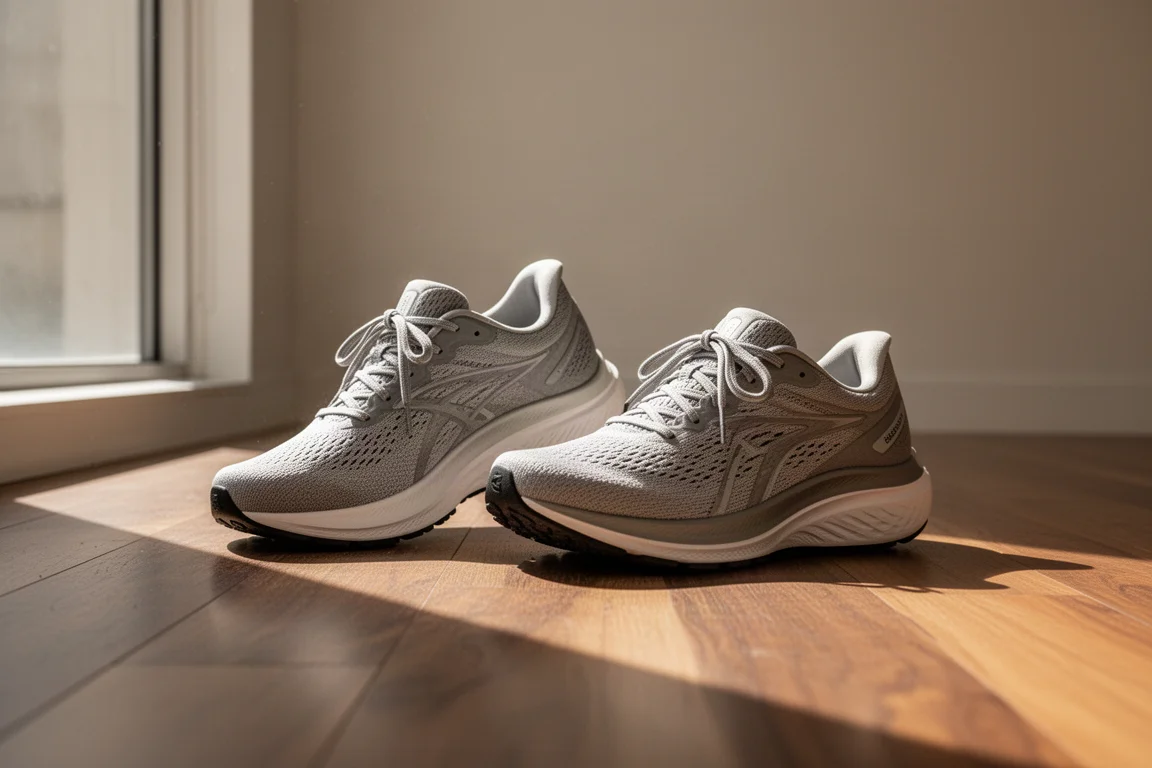 Deux chaussures de running posées côte à côte sur un plancher en bois