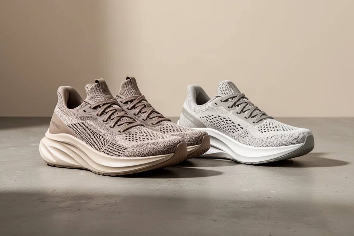 Two pairs of max cushion running shoes side by side on a concrete surface