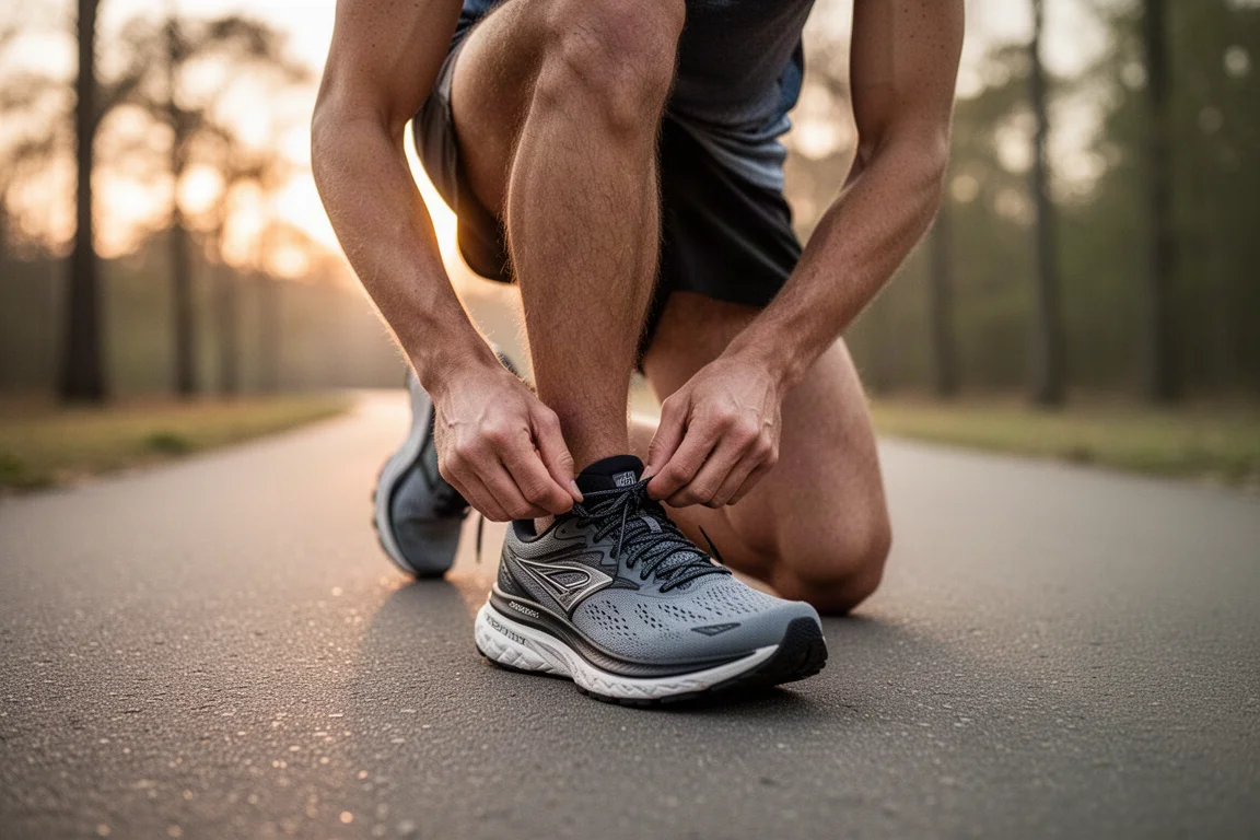 Runner tying laces on a thick-soled running shoe before an easy run