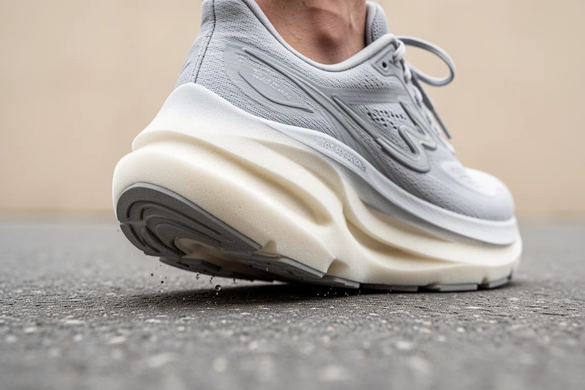 Wide midsole of a max cushion running shoe pressed on tarmac