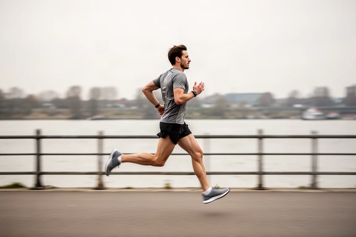 Runner cruising along a flat riverside path at an easy pace