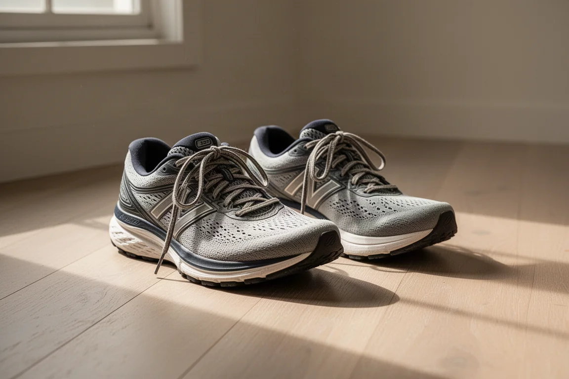Two running shoes side by side on a wooden floor after a run