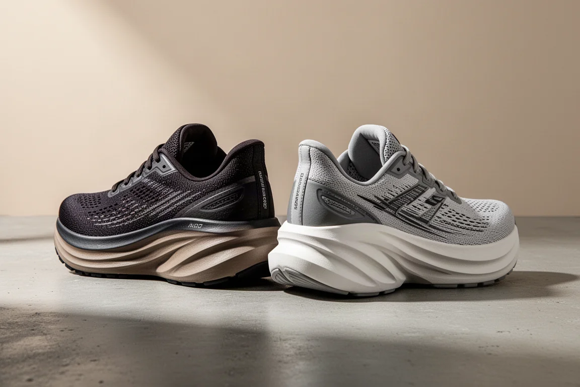 Two max cushion running shoes side by side on a concrete surface