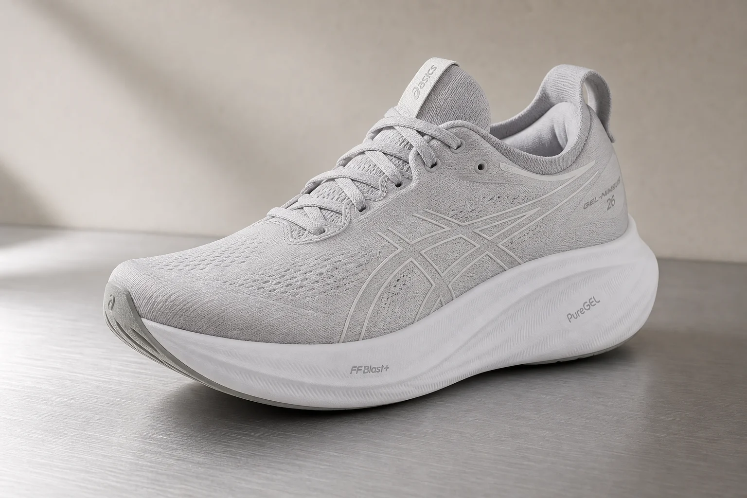 Five women's running shoes arranged in descending staircase pattern on concrete