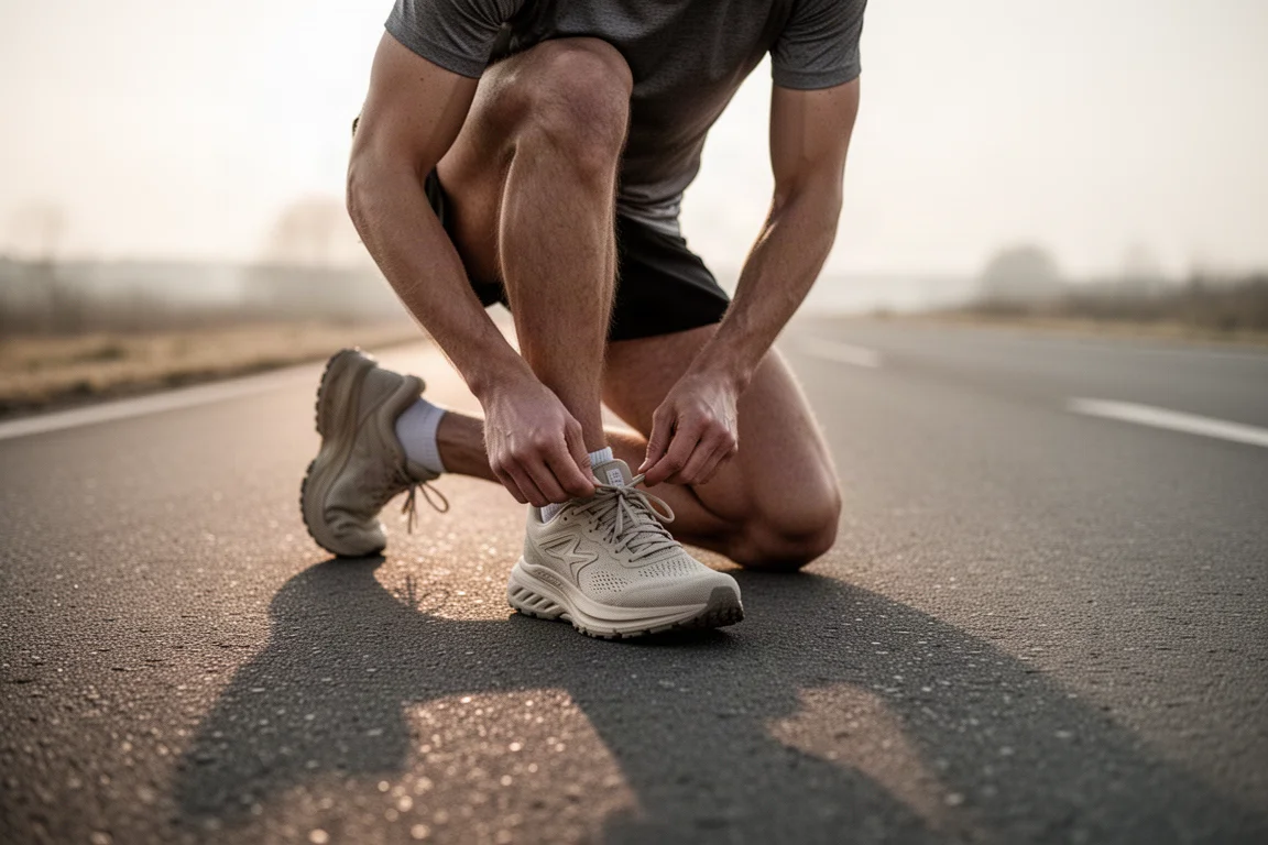 Runner lacing up a cushioned running shoe on a quiet suburban road at sunrise