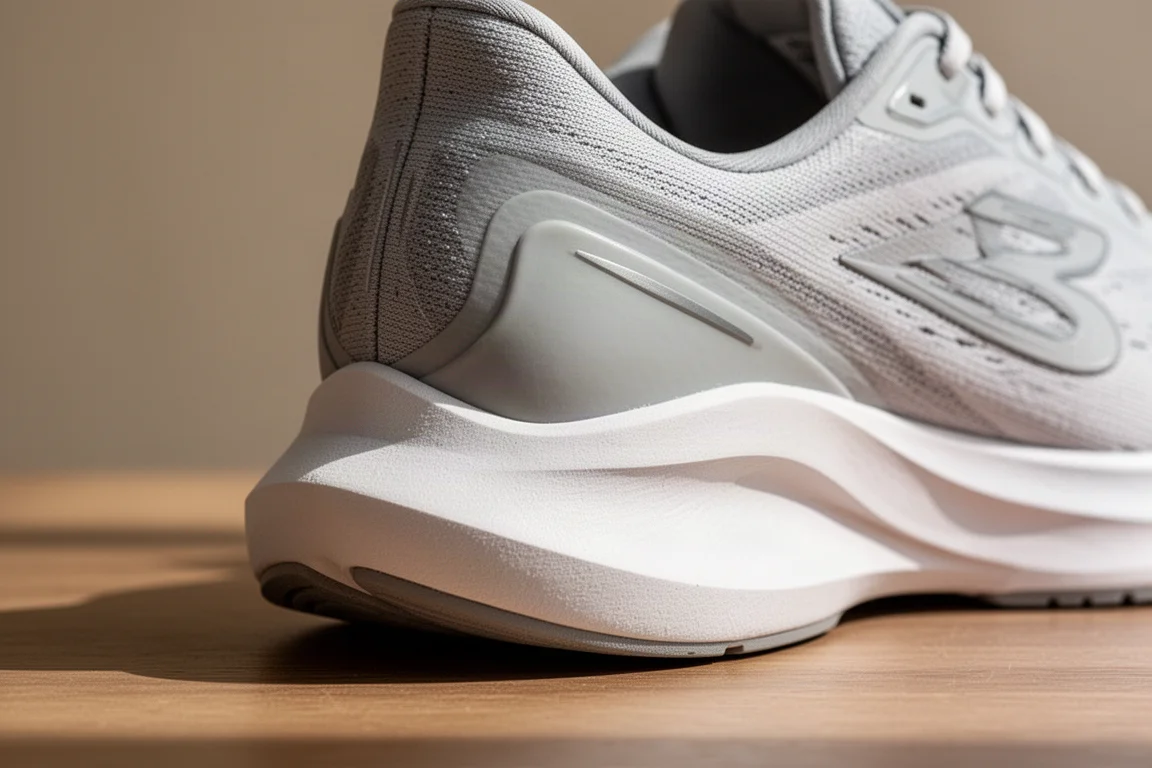 Close-up of a thick cushioned running shoe midsole and heel bevel