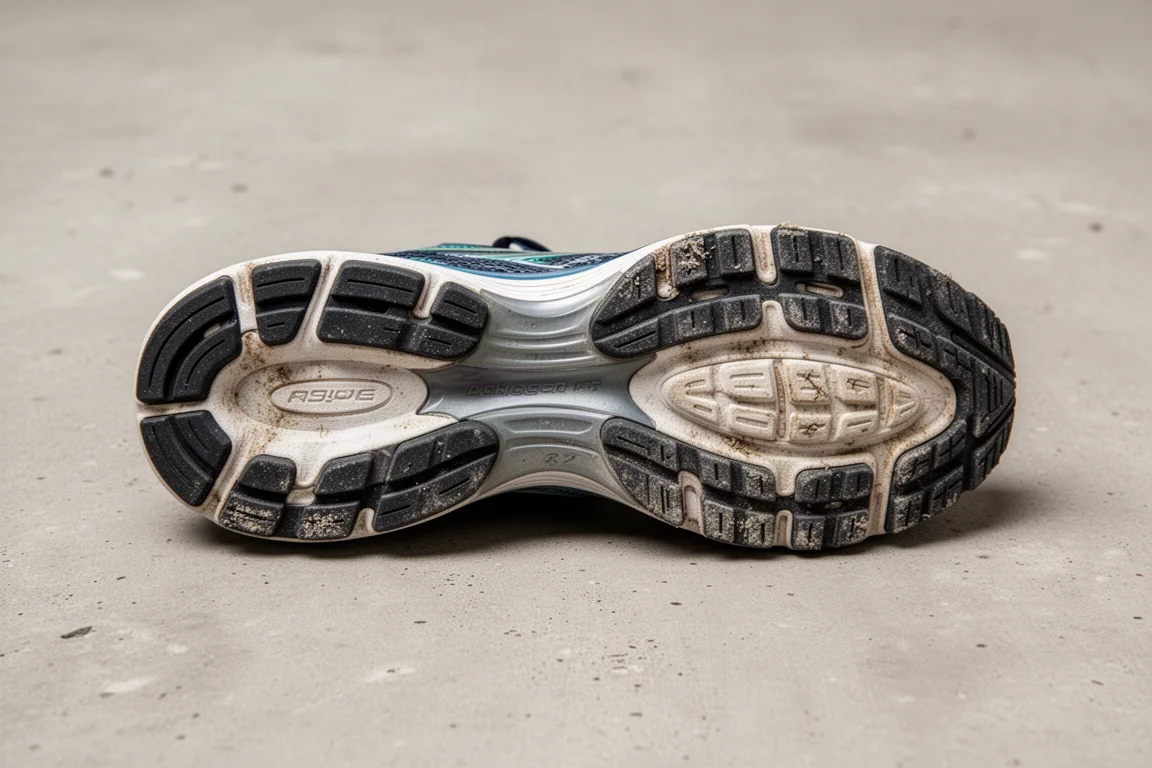 Outsole and midsole of a running shoe after 100 miles of use