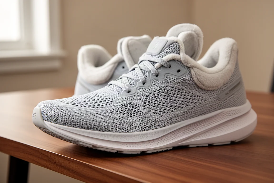 Close-up of a thin breathable mesh upper on a running shoe