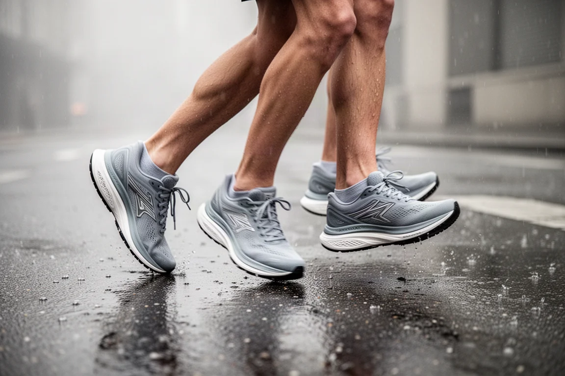 Runner in max-cushion road shoes setting off on a rainy city pavement