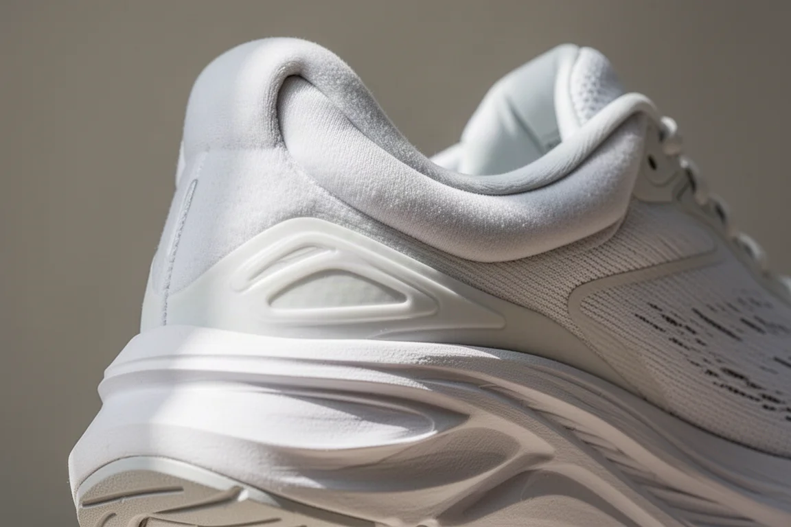 Close-up of a thick white midsole foam heel on a cushioned running shoe