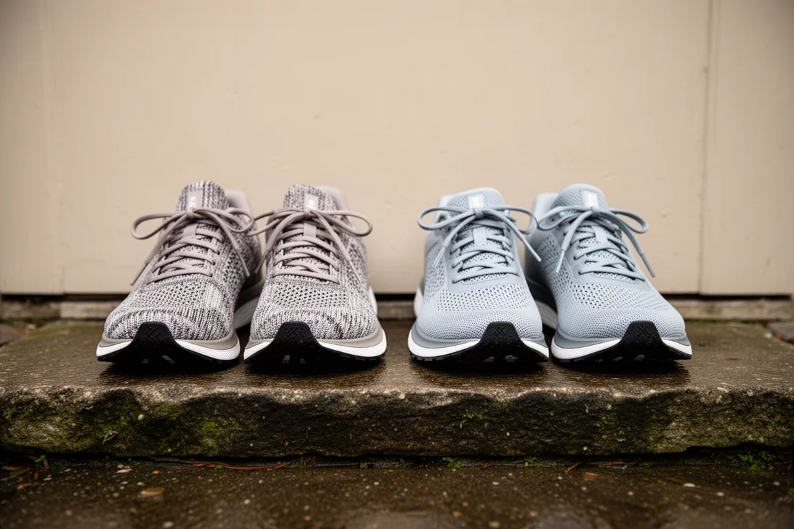 Two running shoes side by side on a wet doorstep before a run